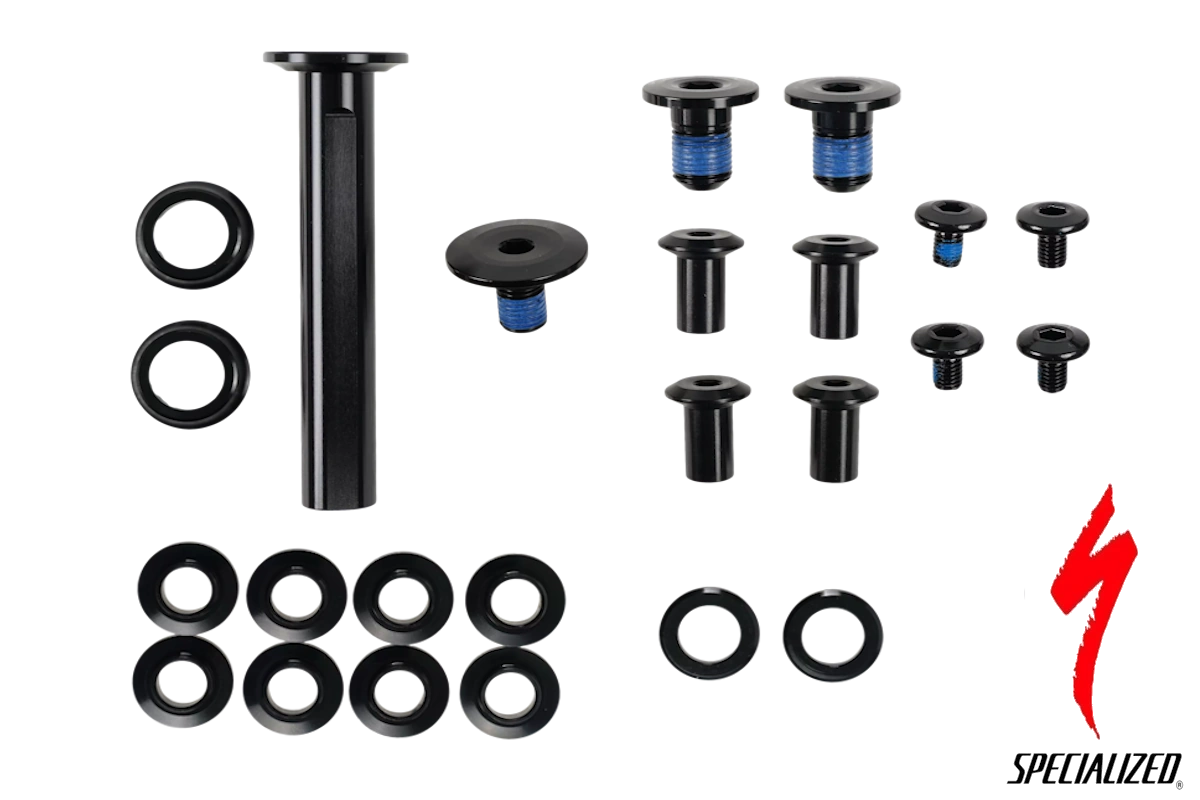 Kit de pernos de pivote original Specialized para Chisel 2025/2026 compatibles. Incluye ejes, tornillos y espaciadores con medidas específicas y pares de apriete definidos. Compra auténtica en thebike.es.