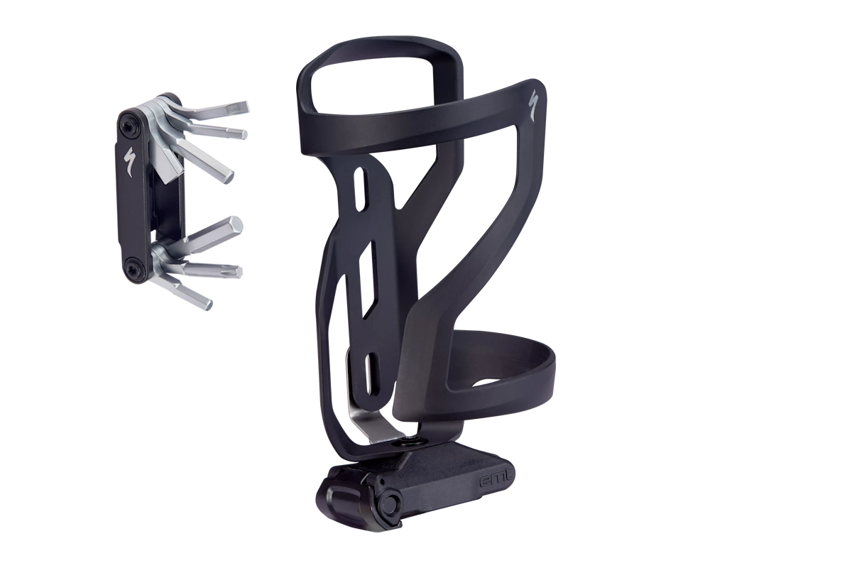 Portabidones Specialized Zee Cage II negro mate con carga lateral, integración SWAT para MTB con herramientas SWAT