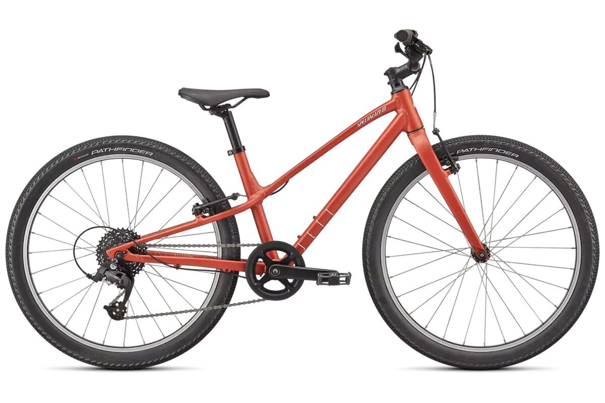 Bicicleta infantil Specialized Jett 24 pulgadas, cuadro de aluminio, transmisión 8 velocidades, manillar y bielas ajustables, neumáticos Pathfinder 24x2.0, ideal para niños de 8 a 12 años.