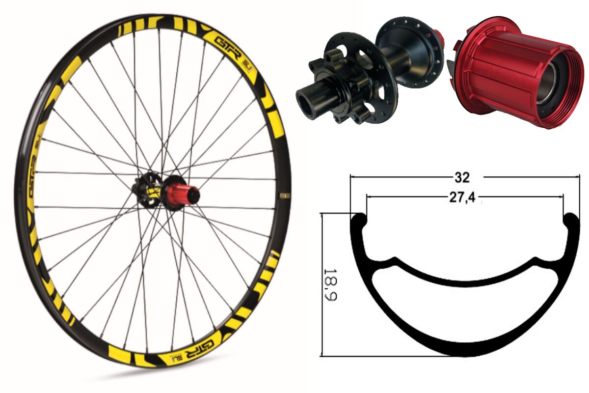 Rueda trasera aluminio MTB GTR SL27 29" Amarillo Disc 6 Tornillos Boost Shimano