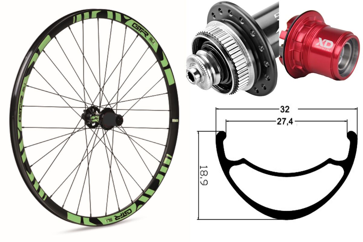 Rueda trasera aluminio MTB GTR SL27 27,5" Verde Disc Center Lock Sram XD