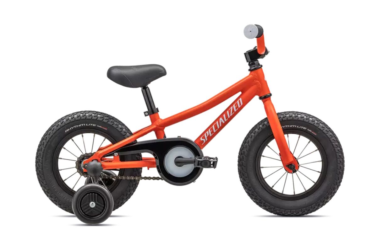 Bicicleta infantil Specialized Riprock Coaster 12, naranja, freno de contrapedal, neumáticos anchos y cuadro ligero.