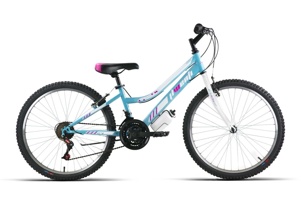 Bicicleta celeste niña JL Wenti 24 pulgadas, acero eco, barra baja tipo paseo, frenos V-brake y componentes ligeros.