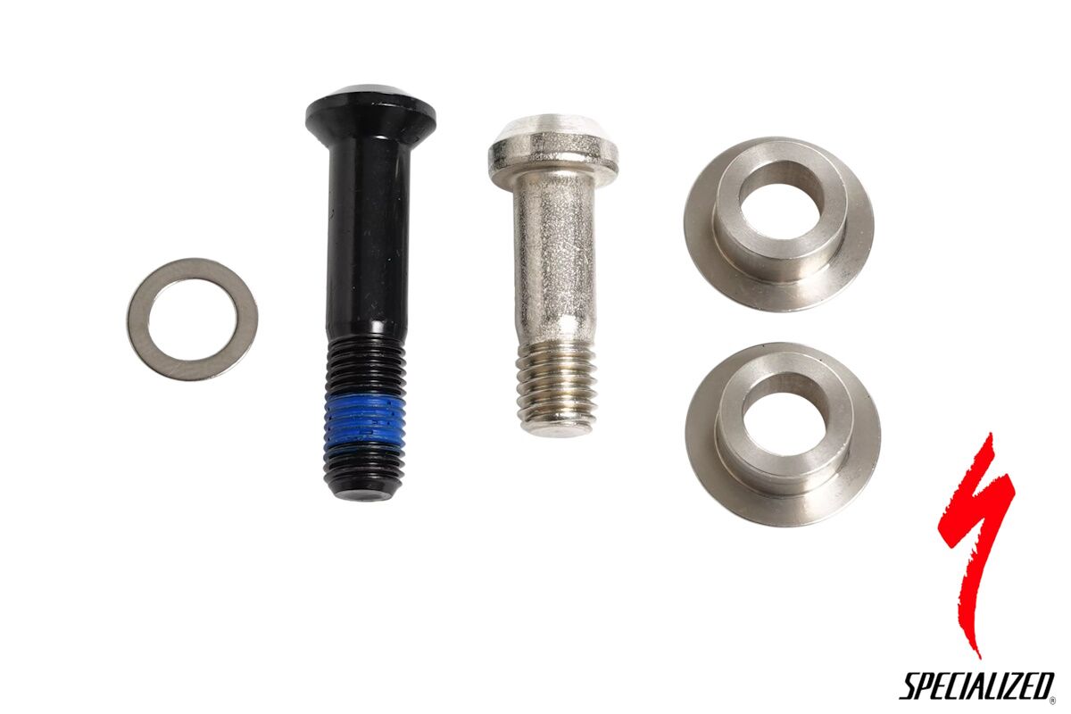 Kit pernos montaje amortiguador trasero Specialized Status 140 2 y 170 2 2024-2025, repuesto original S220500018 con arandelas y espaciadores.