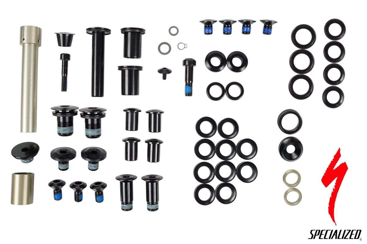 Kit pernos pivote suspensión Specialized Enduro FSR 2020+ S194200052, recambio original con todos los pernos y espaciadores para restaurar el sistema de suspensión trasera y mantener el rendimiento y la seguridad de la bicicleta.