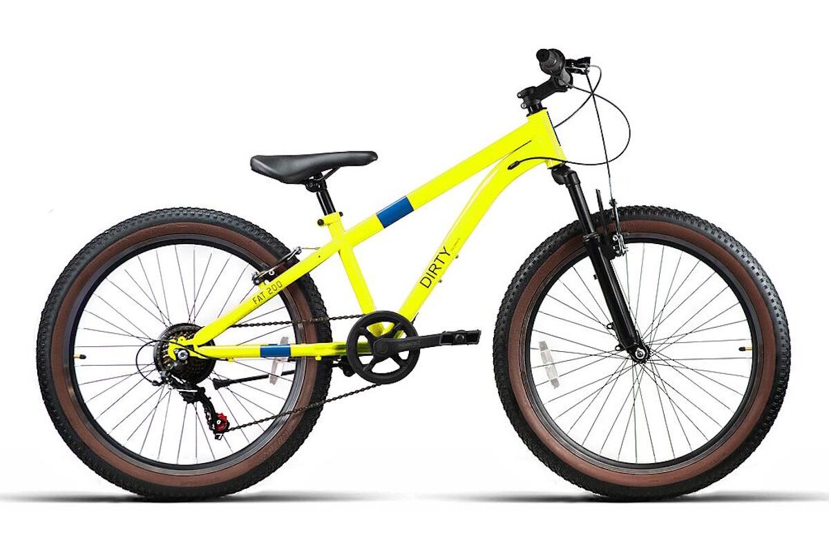 Bicicleta MTB FAT200 24 pulgadas, acero reforzado, suspensión delantera, 1x7 velocidades, neumáticos FAT, color amarillo.