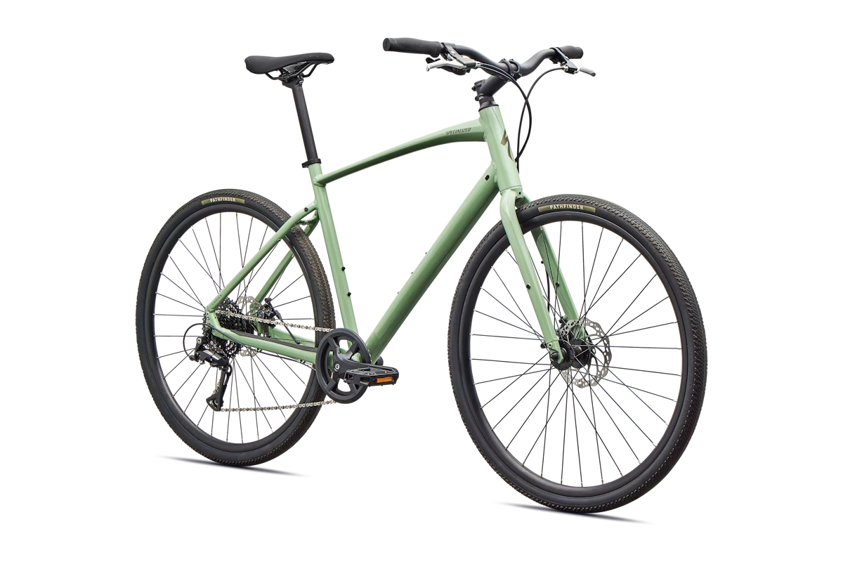 Bicicleta ligera mixta tierra asfalto ideal para trekking marca premium Specialized Sruus X 1.0 color Gloss Pistachio / Laurel Green Metallic Frost Reflective