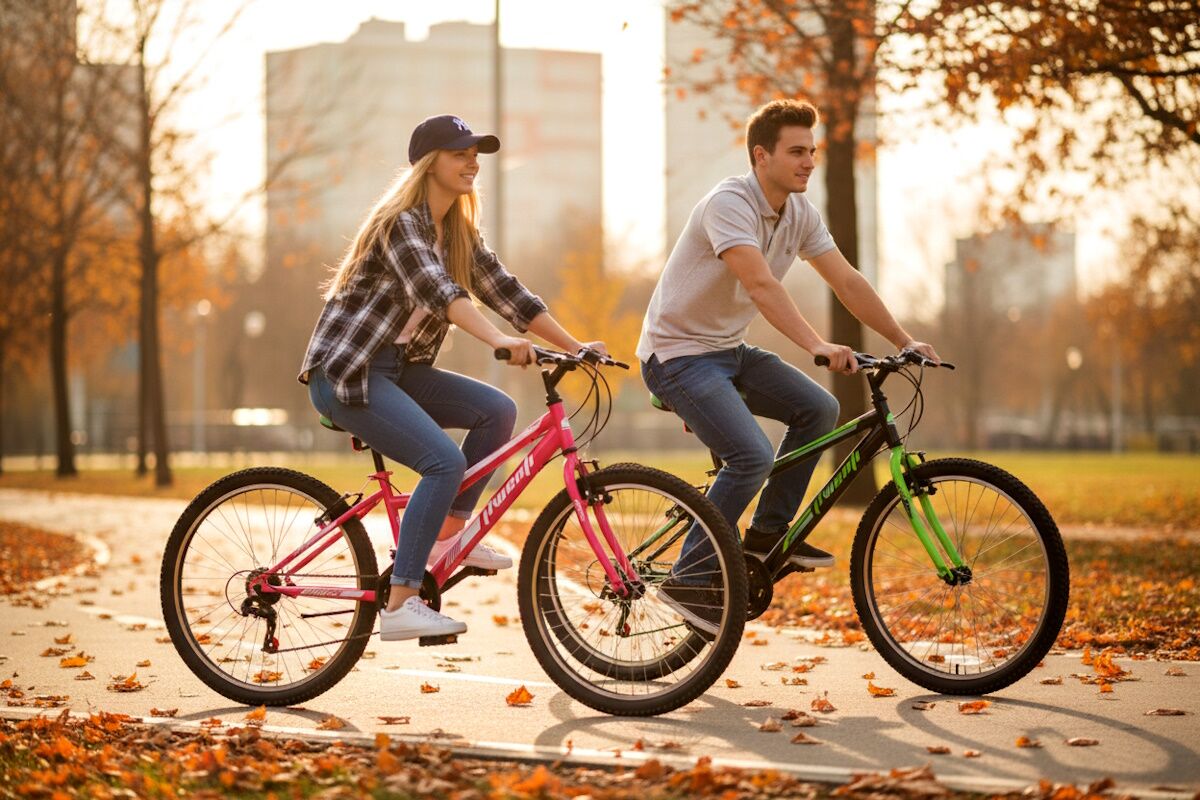 Chico y chica andando en bici por una ciudad en otoño