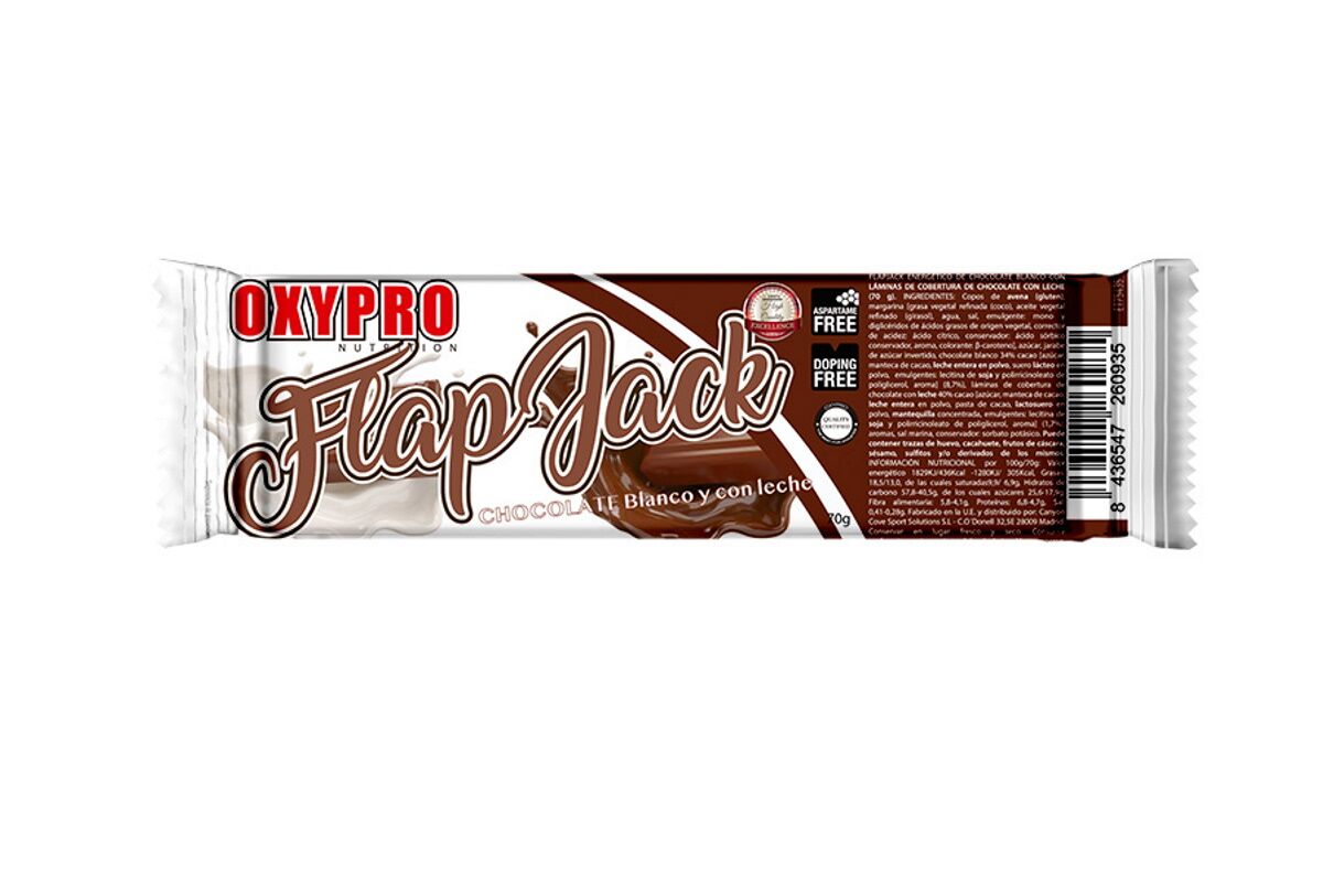 Barrita de avena OXIPRO - FLAP JACK - Chocolate blanco y con leche