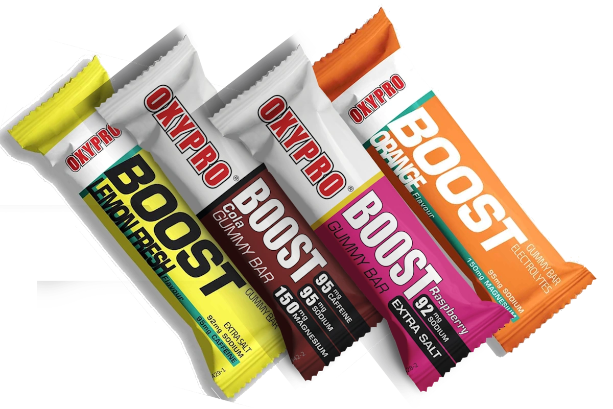 Barritas energéticas Oxypro Energy Boost en cuatro sabores.