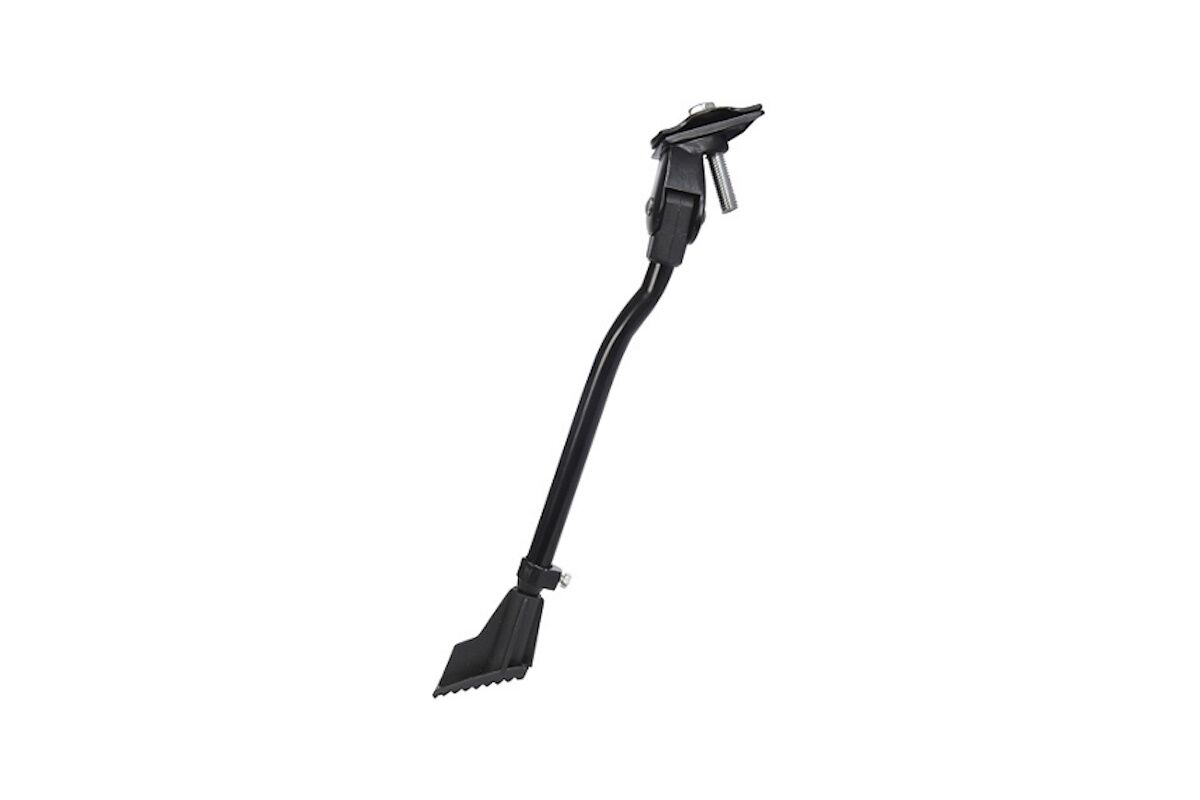 Caballete central OXC Bigfoot negro de aleación de aluminio, con pata ajustable para ruedas de 24" a 29". Montaje junto al pedalier y pie ancho dentado para máxima estabilidad.