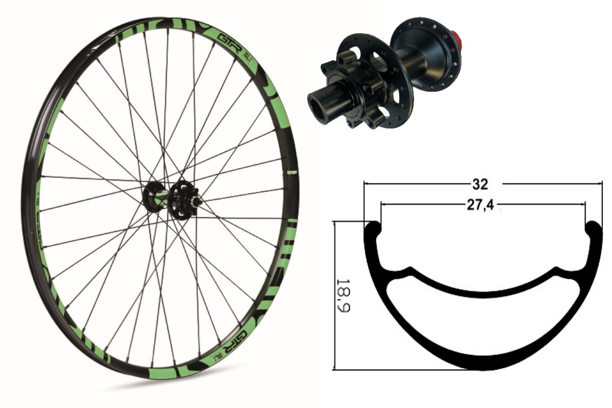 Rueda delantera aluminio MTB GTR SL27 29" Verde Disc 6 Tornillos Boost