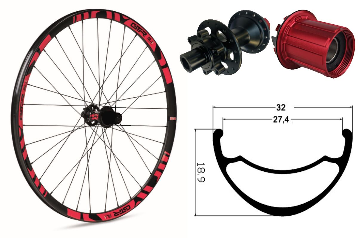 Rueda trasera aluminio MTB GTR SL27 29" Rojo Disc 6 Tornillos Boost Shimano