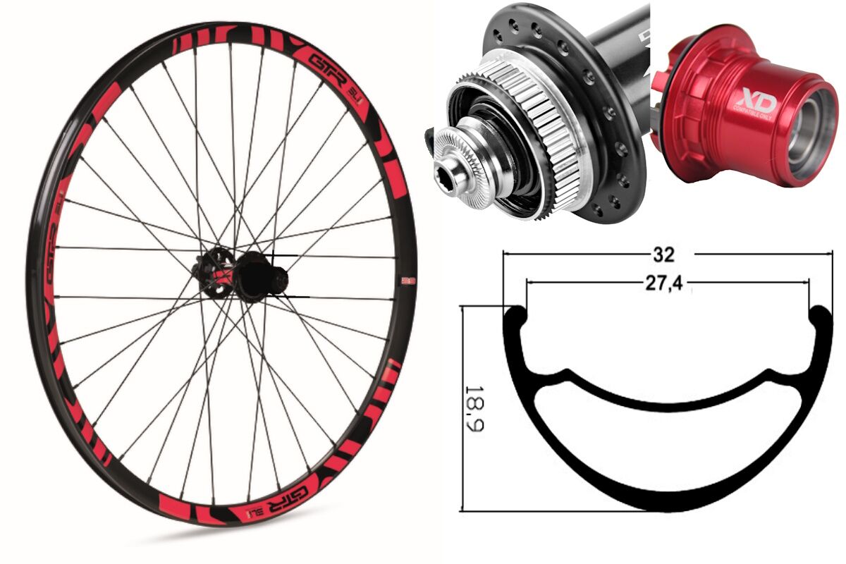 Rueda trasera aluminio MTB GTR SL27 27,5" Rojo Disc Center Lock Boost Sram XD