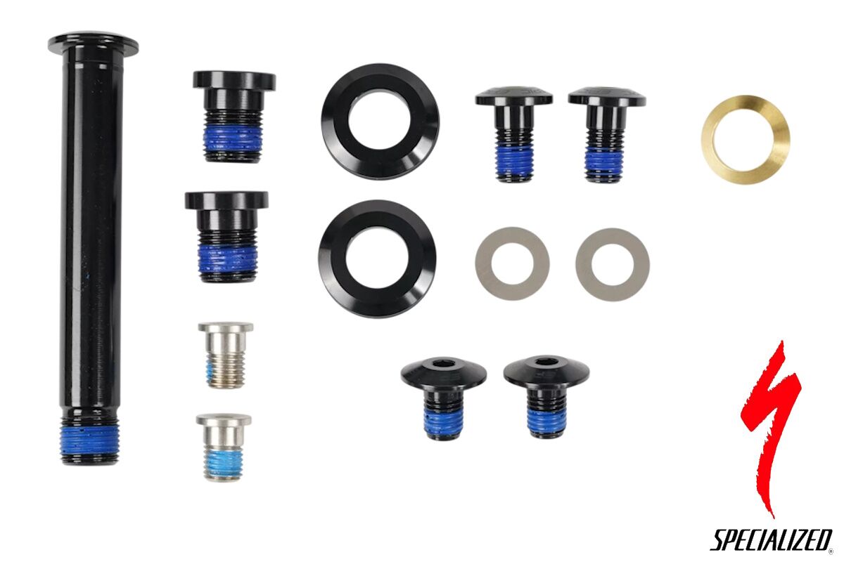 Kit pernos pivote suspensión Specialized Epic Alloy 2018-2020 S180500001, incluye pernos anodizados negros, arandelas y lavaojos originales para mantenimiento de bicicletas Epic Comp y Comp EVO de aluminio.