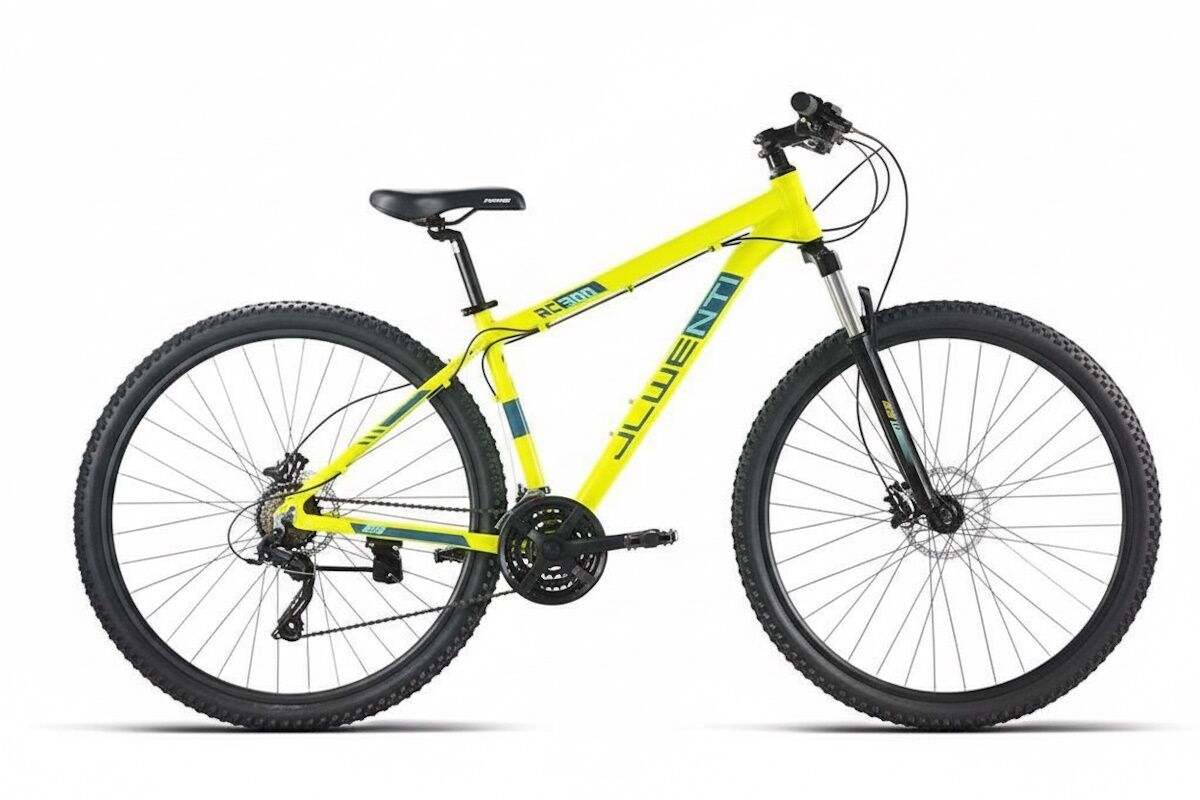 Bicicleta JL‑Wenti RC300 amarilla 27,5/29, cuadro aluminio y frenos de disco hidráulicos, tallas 17 y 19 para adultos.