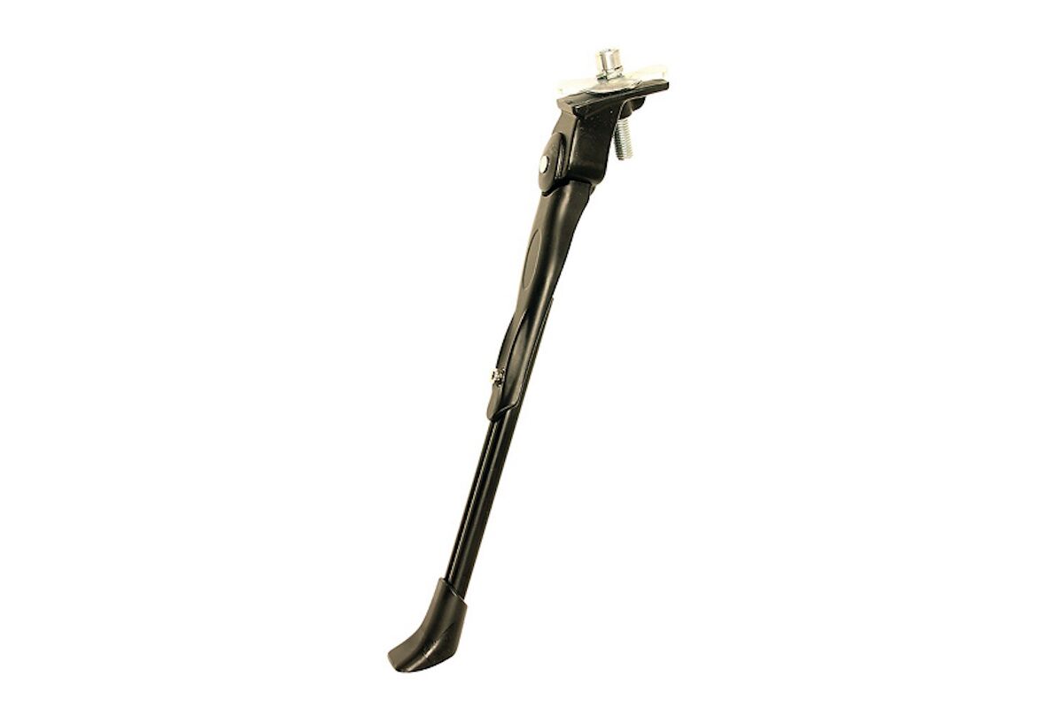 Caballete central OXC Superfoot negro, fabricado en aleación de aluminio. Pata ajustable para ruedas de 16" a 700C, montaje junto al pedalier. Ideal para bicis infantiles, urbanas y trekking.