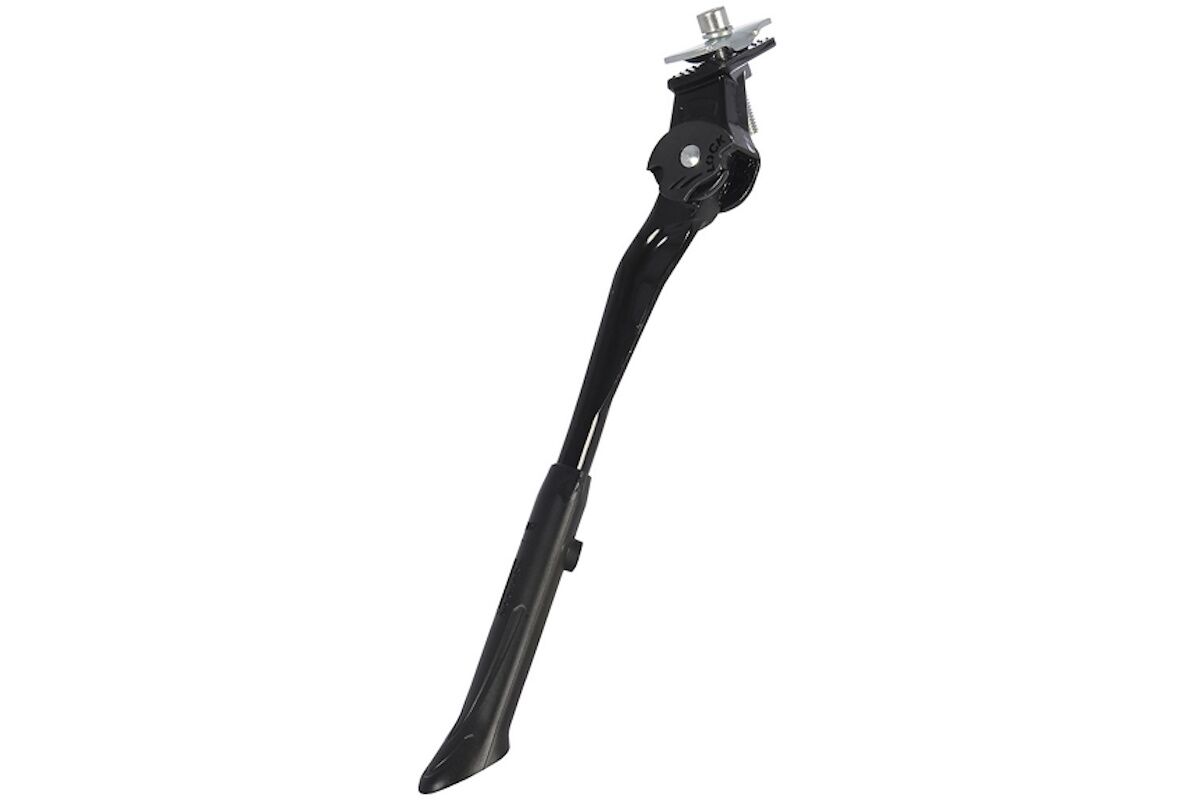 Caballete central OXC Twisted Kickstand negro, ajustable para bicicletas de 24" a 28". Anclaje central junto al pedalier y mecanismo de plegado, ideal para bicis urbanas y de trekking.