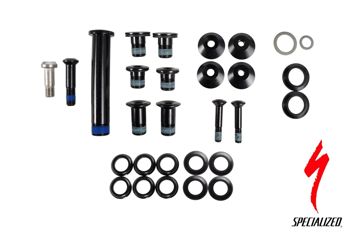 Kit pernos pivote suspensión Specialized Status 140 2 y 170 2 2024-2025 S220500019, incluye todos los pernos, arandelas y espaciadores originales para mantenimiento y montaje completo de la suspensión.