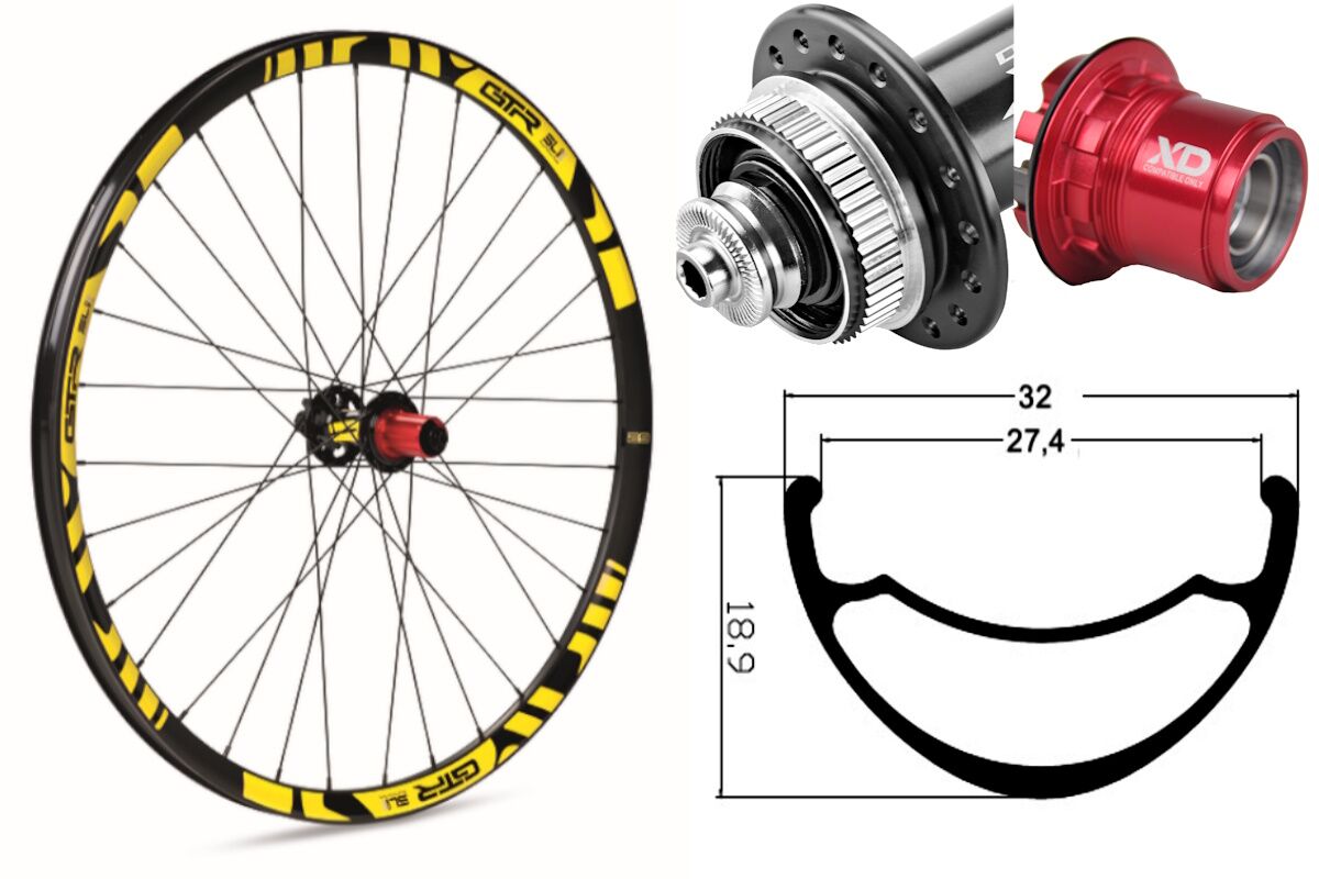 Rueda trasera aluminio MTB GTR SL27 29" Amarillo Disc Center Lock Boost Sram XD
