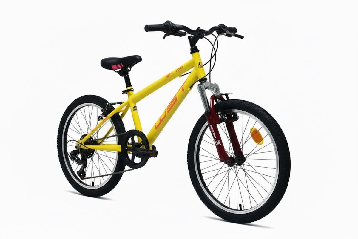 MTB infantil 20" Amarillo Volcán con horquilla de suspensión, Shimano TY‑21, RevoShift 6V y V‑Brake de aluminio. Ruedas WST con cierre rápido. En thebike.es vendemos bicicletas, no juguetes.