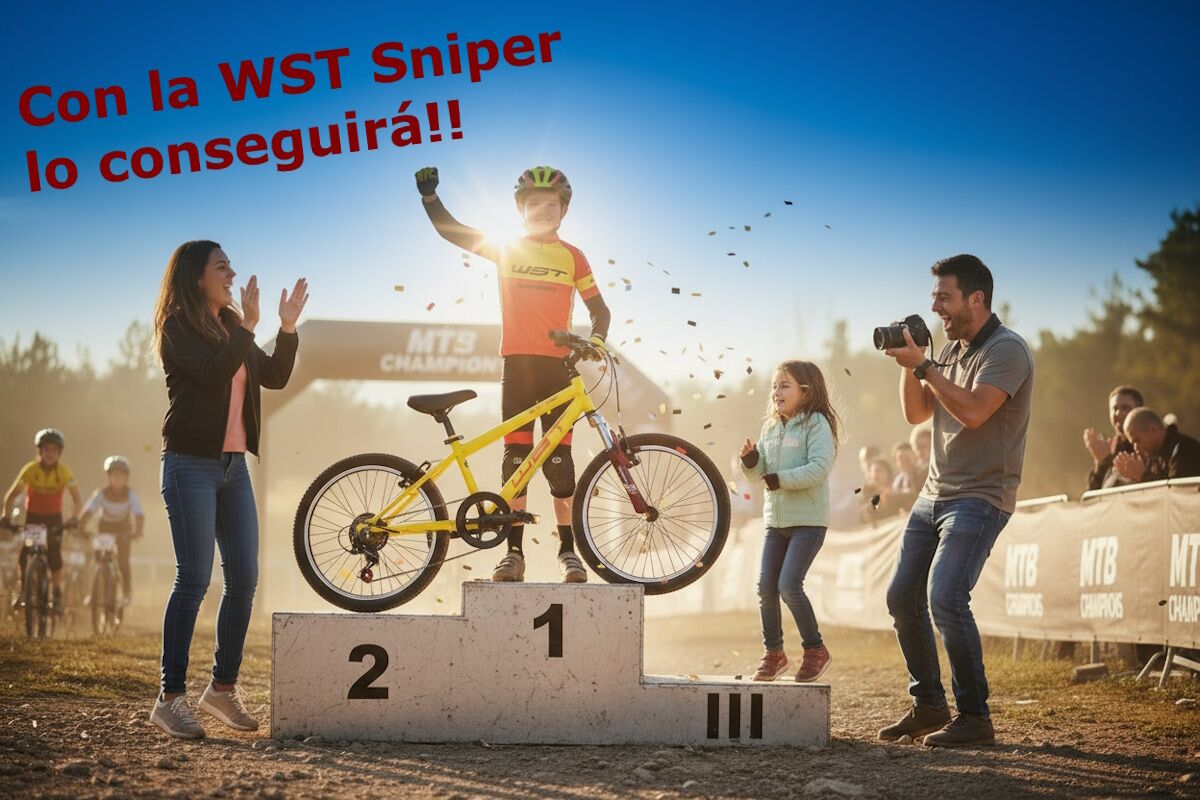 Niño en podio de XC con su bicicleta