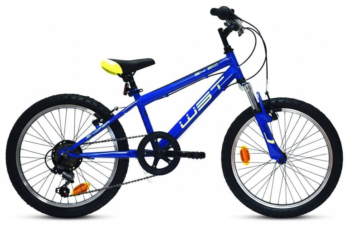 MTB infantil 20" Azul electrico con horquilla de suspensión, Shimano TY‑21, RevoShift 6V y V‑Brake de aluminio. Ruedas WST con cierre rápido. En thebike.es vendemos bicicletas, no juguete