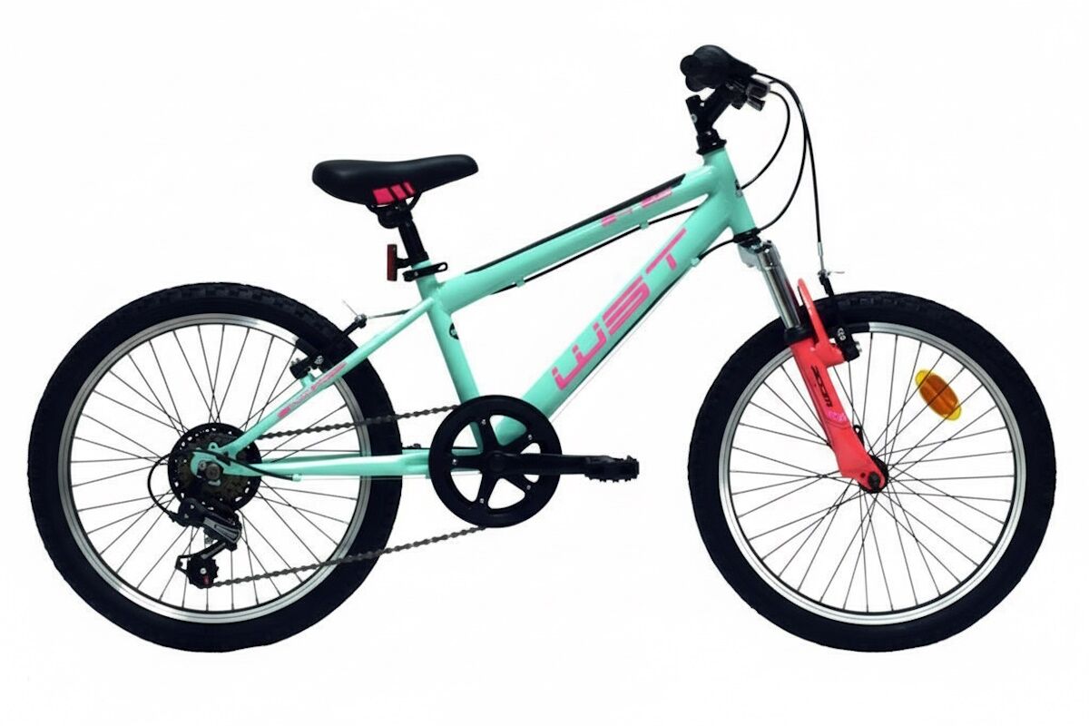 MTB infantil 20" Celeste turquesa con horquilla de suspensión, Shimano TY‑21, RevoShift 6V y V‑Brake de aluminio. Ruedas WST con cierre rápido. En thebike.es vendemos bicicletas, no juguet