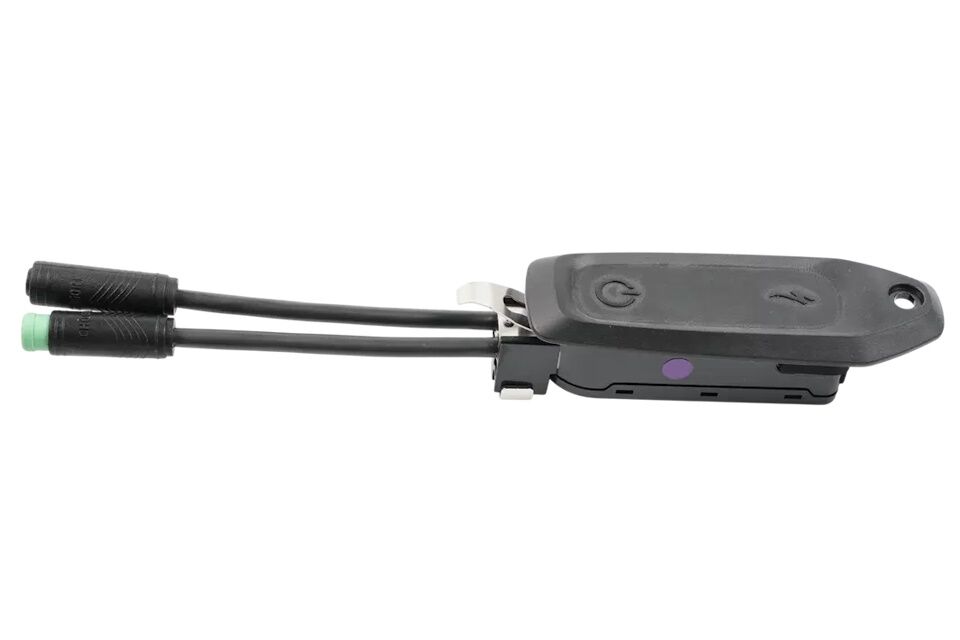 Pantalla Specialized Turbo Connect Unit Display (TCU) montada en el tubo superior, con indicadores LED, conectividad Bluetooth y botón de encendido/apagado.