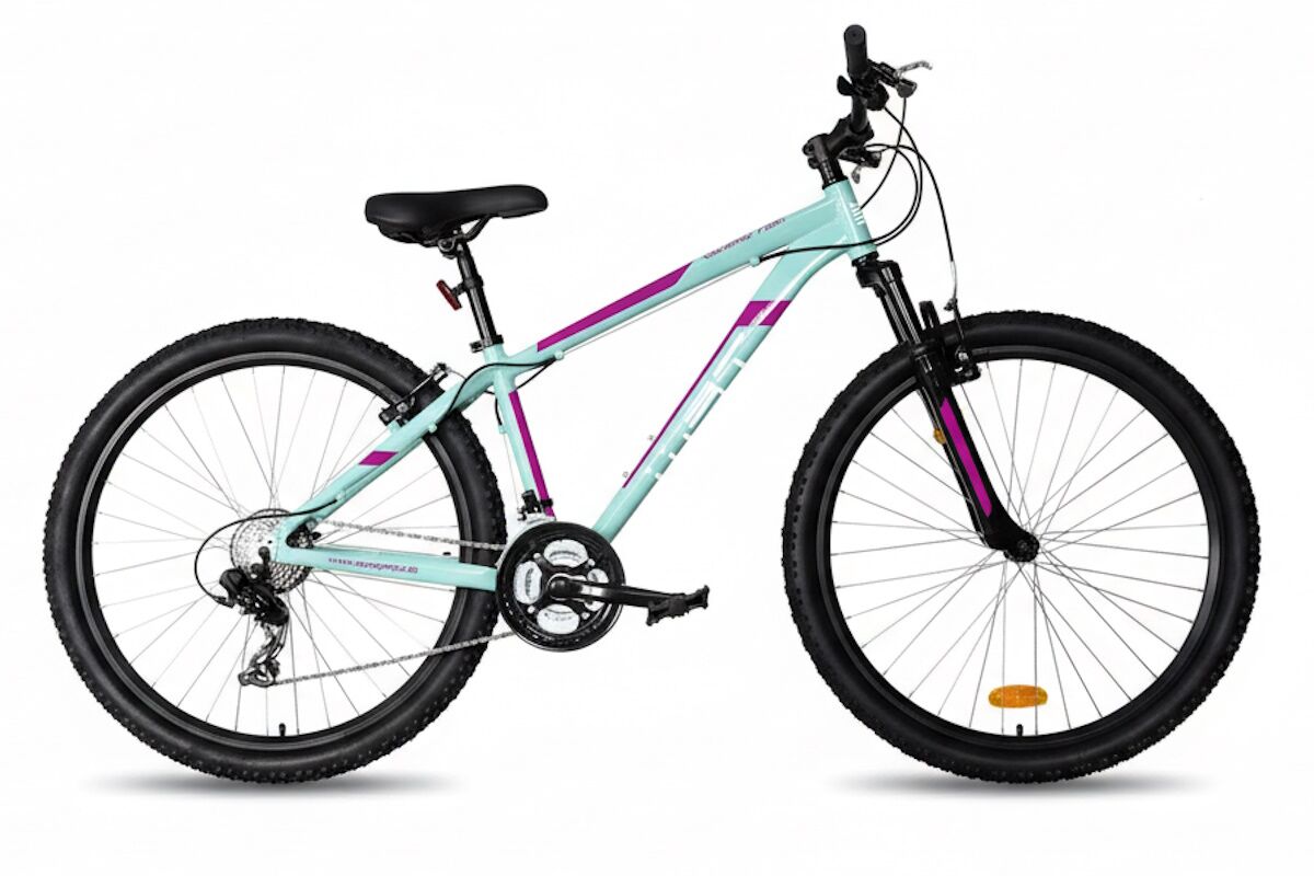 MTB WST Cosmo 27,5" con cuadro de aluminio, suspensión delantera, doble plato y Shimano Tourney 16 velocidades con mandos Rapidfire. Tallas 15" y 17". Gris y turquesa. Envío rápido en thebike.es.