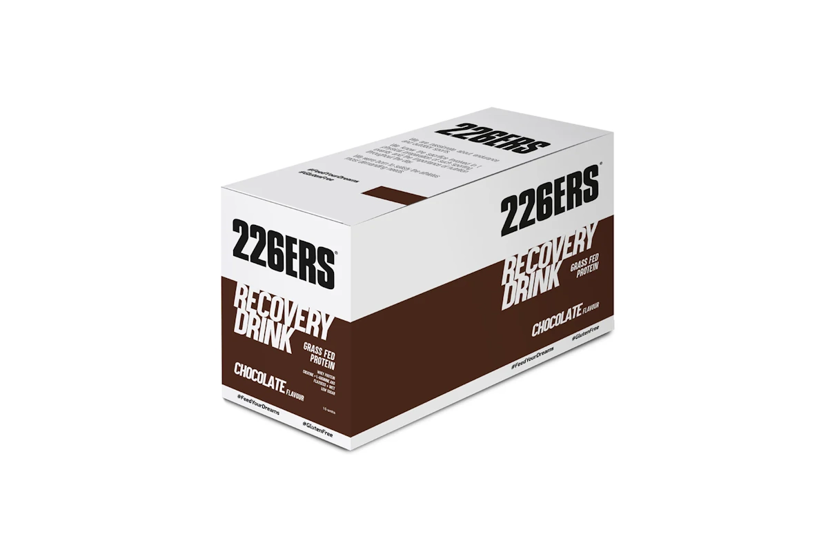 Caja con 15 unidades de 50gr de Recovery Drink 226ERS Grass Fed disponible en sabor chocolate