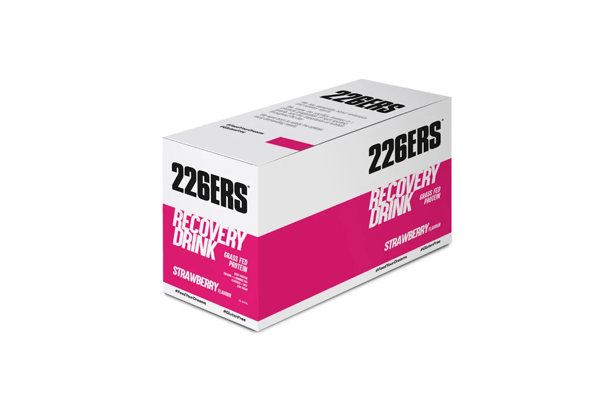 Caja con 15 unidades de 50gr de Recovery Drink 226ERS Grass Fed disponible en sabor fresa