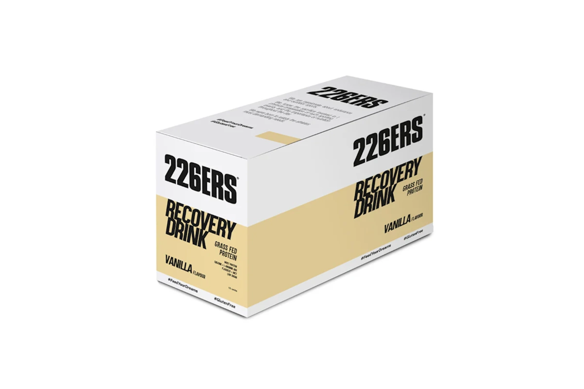 Caja con 15 unidades de 50gr de Recovery Drink 226ERS Grass Fed disponible en sabor vainilla