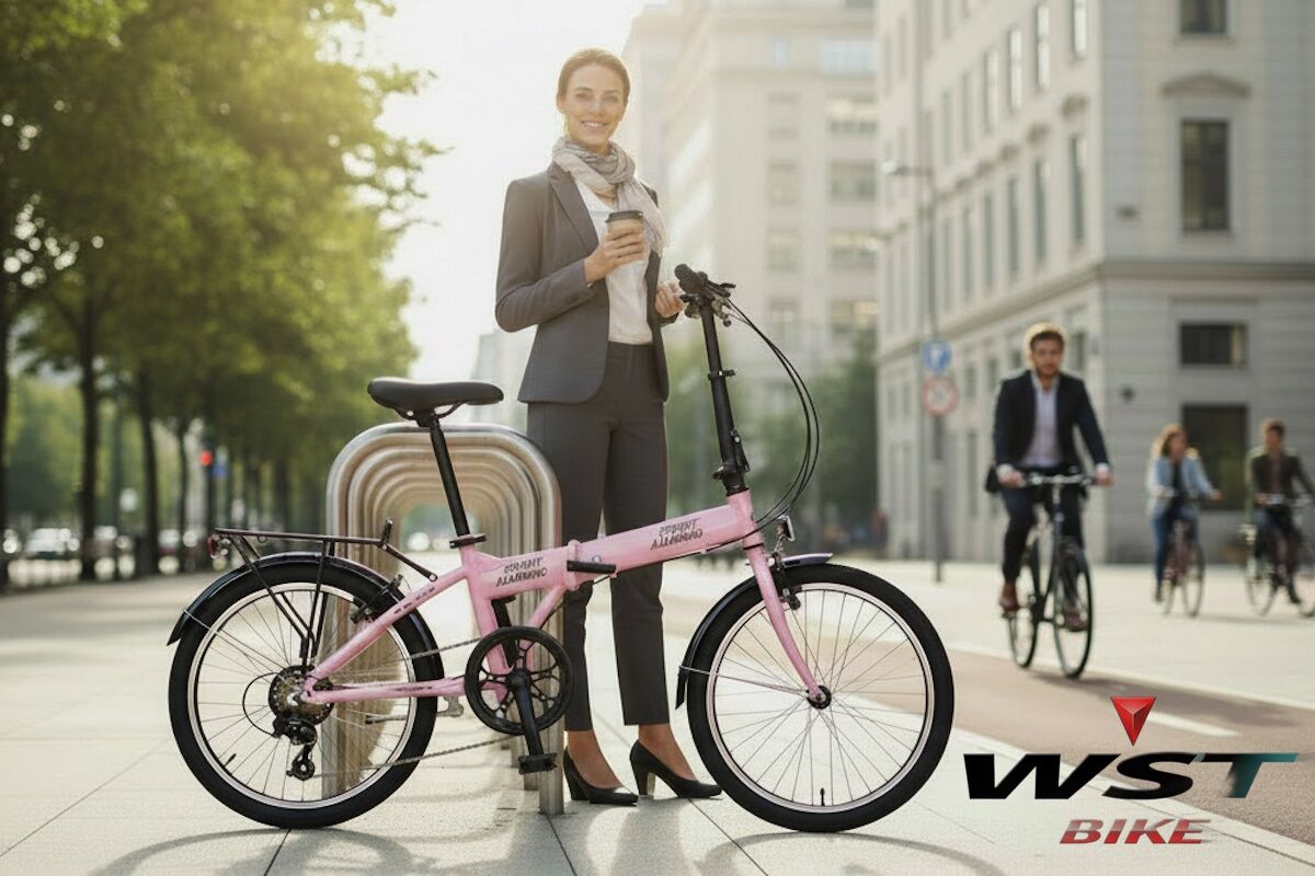 mujer elegante con bicicleta plegable
