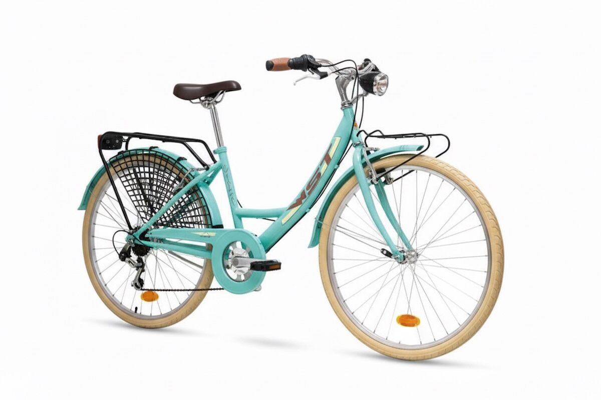 Bici de paseo WST Sousse 26″ estilo vintage con 6V, V‑Brake y doble transportín. Luces, guardabarros y cubrecadenas incluidos. Confort urbano y mantenimiento sencillo. ¡Descúbrela!