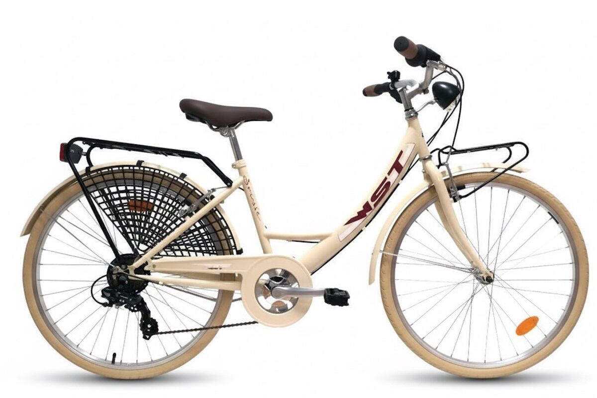 Bici de paseo WST Sousse 26″ estilo vintage con 6V, V‑Brake y doble transportín. Luces, guardabarros y cubrecadenas incluidos. Confort urbano y mantenimiento sencillo. ¡Descúbrela!