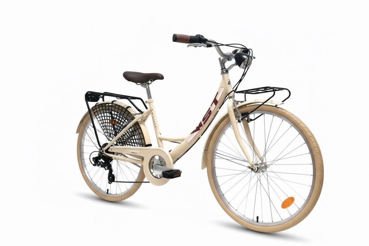 Bici de paseo WST Sousse 26″ estilo vintage con 6V, V‑Brake y doble transportín. Luces, guardabarros y cubrecadenas incluidos. Confort urbano y mantenimiento sencillo. ¡Descúbrela!