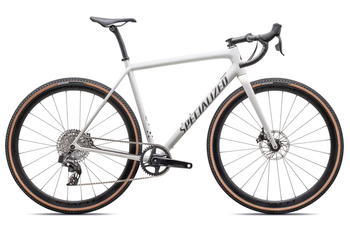 Bicicleta de gravel Specialized Crux Expert 2025 con cuadro FACT 10r, transmisión SRAM Rival eTap AXS, ruedas Roval Terra C Disc y neumáticos Pathfinder Pro. Ligera, avanzada y versátil.
