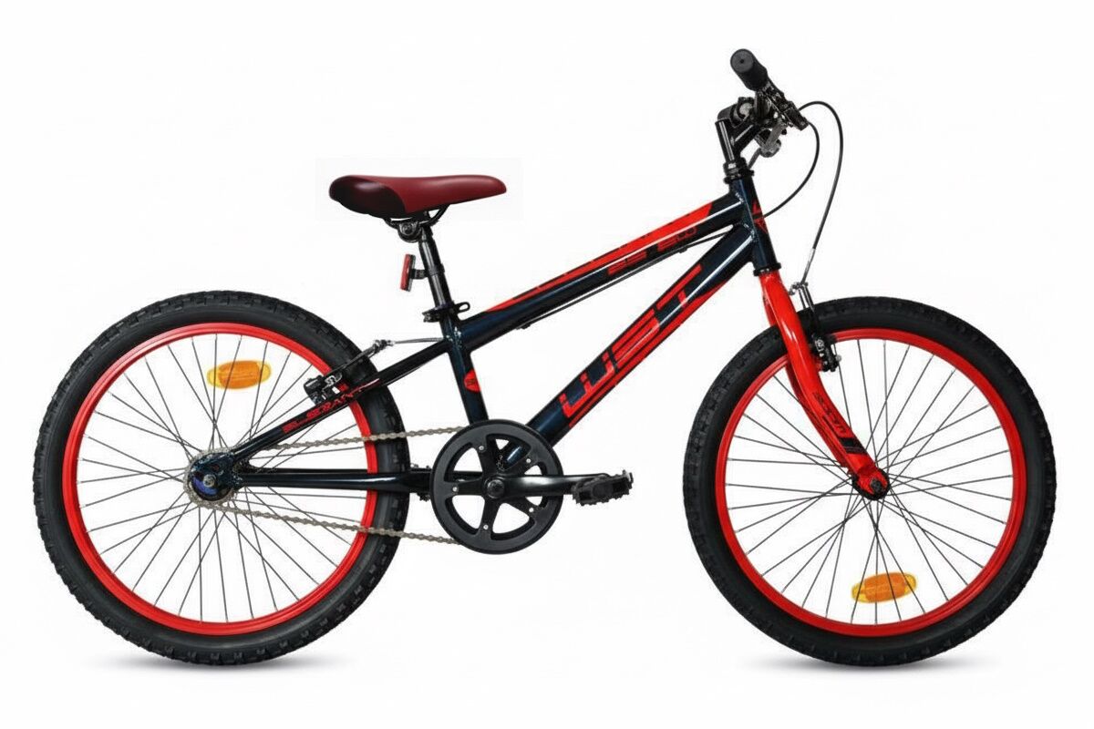Bici infantil WST 20" 1V color Negro y rojo. V‑Brake aluminio, ruedas WST con cierre rápido, caballete y catadióptricos