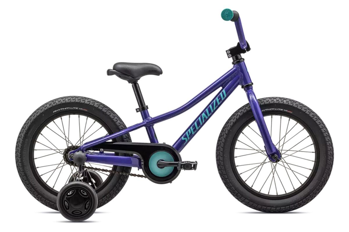 Bicicleta infantil Specialized Riprock Coaster 16, color purpura, freno de contrapedal, neumáticos anchos y cuadro ligero.