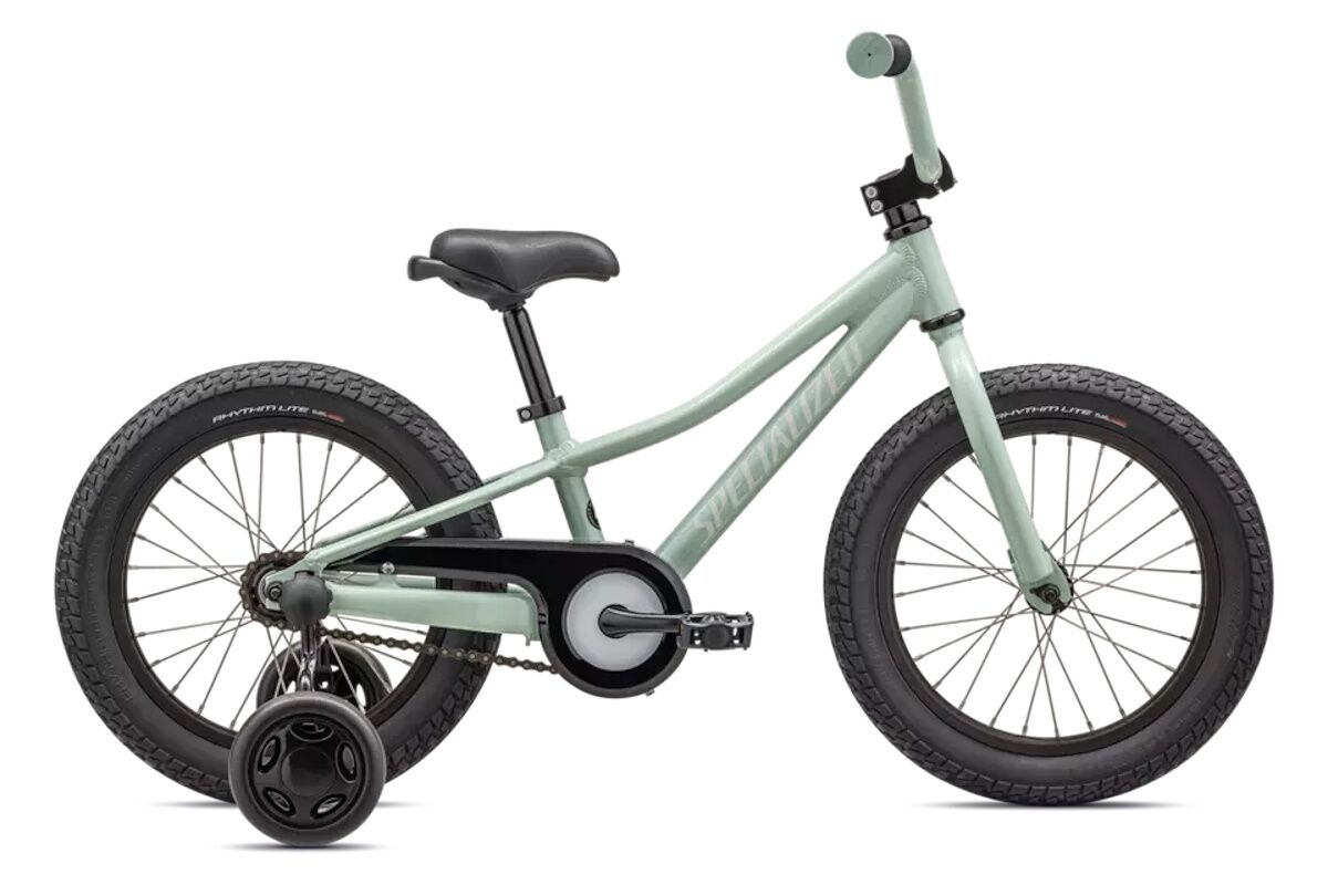 Bicicleta infantil Specialized Riprock Coaster 16, color celeste claro, freno de contrapedal, neumáticos anchos y cuadro ligero.