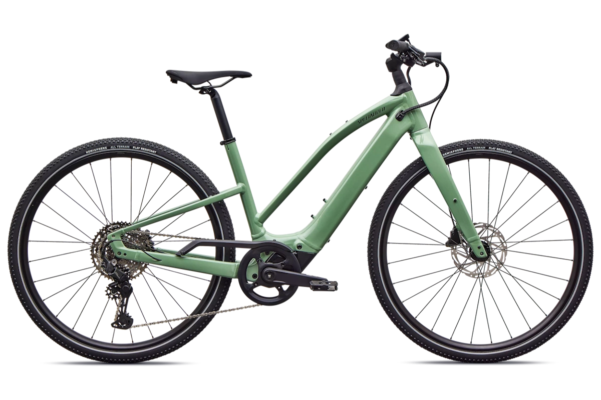 Specialized Turbo Vado SL 2 4.0 Step-Through 2027 con motor Specialized SL 1.2, batería integrada 520 Wh, Future Shock 3.1, pantalla Mastermind H3, frenos hidráulicos y neumáticos Hemisphere 700x47 con flancos reflectantes, Color: Gloss Pistachio / Oak Green Metallic Frost Reflective