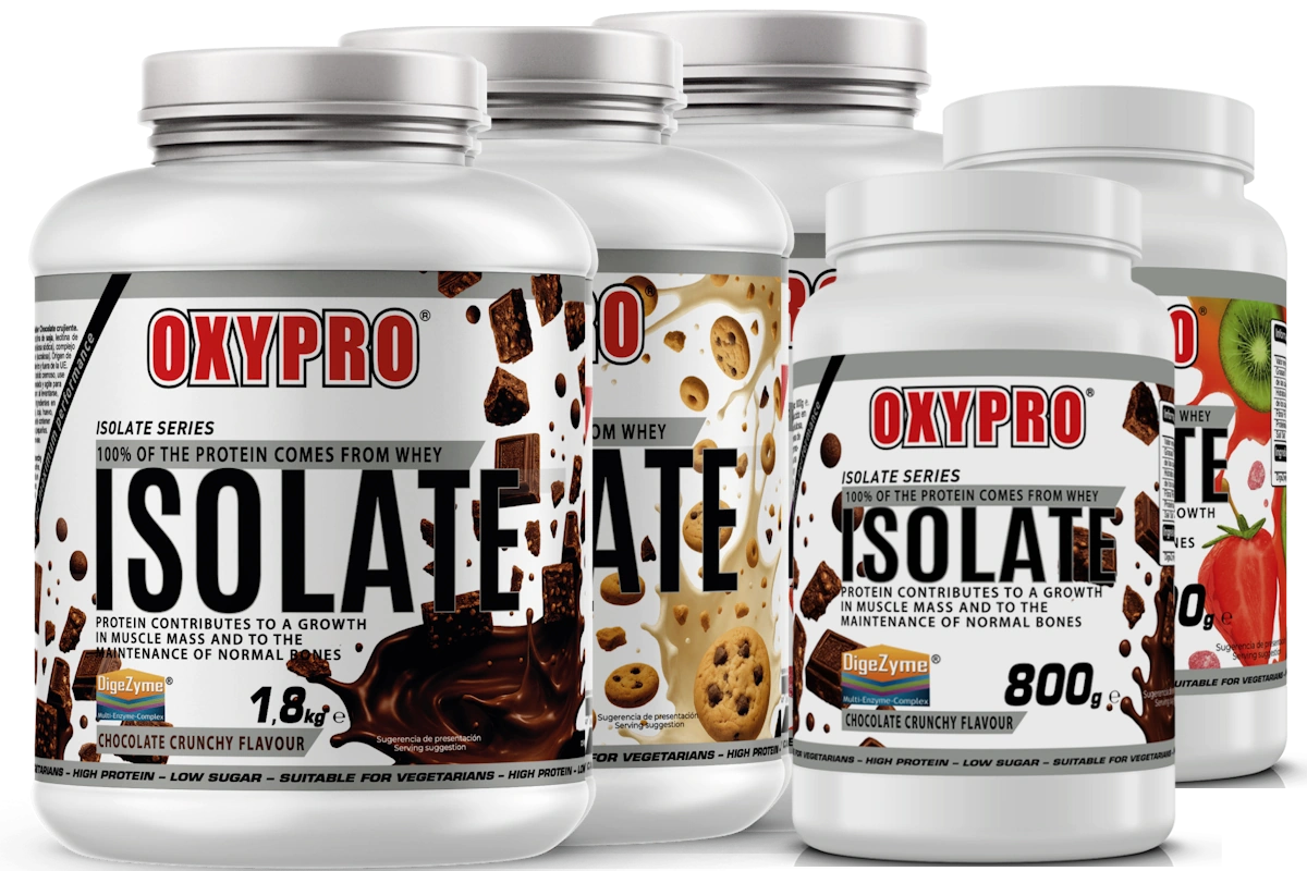 Bote de proteína aislada OXYPRO con DigeZyme, sabor chocolate crunchy"