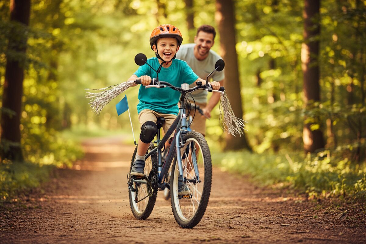 Niño feliz mentando en bici de montaña