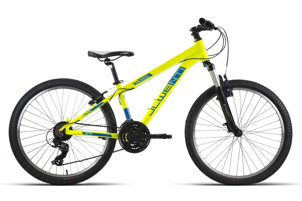 Bicicleta infantil JL Wenti 24 pulgadas amarilla, cuadro de aluminio, Shimano 7 velocidades, frenos de disco y suspensión delantera.