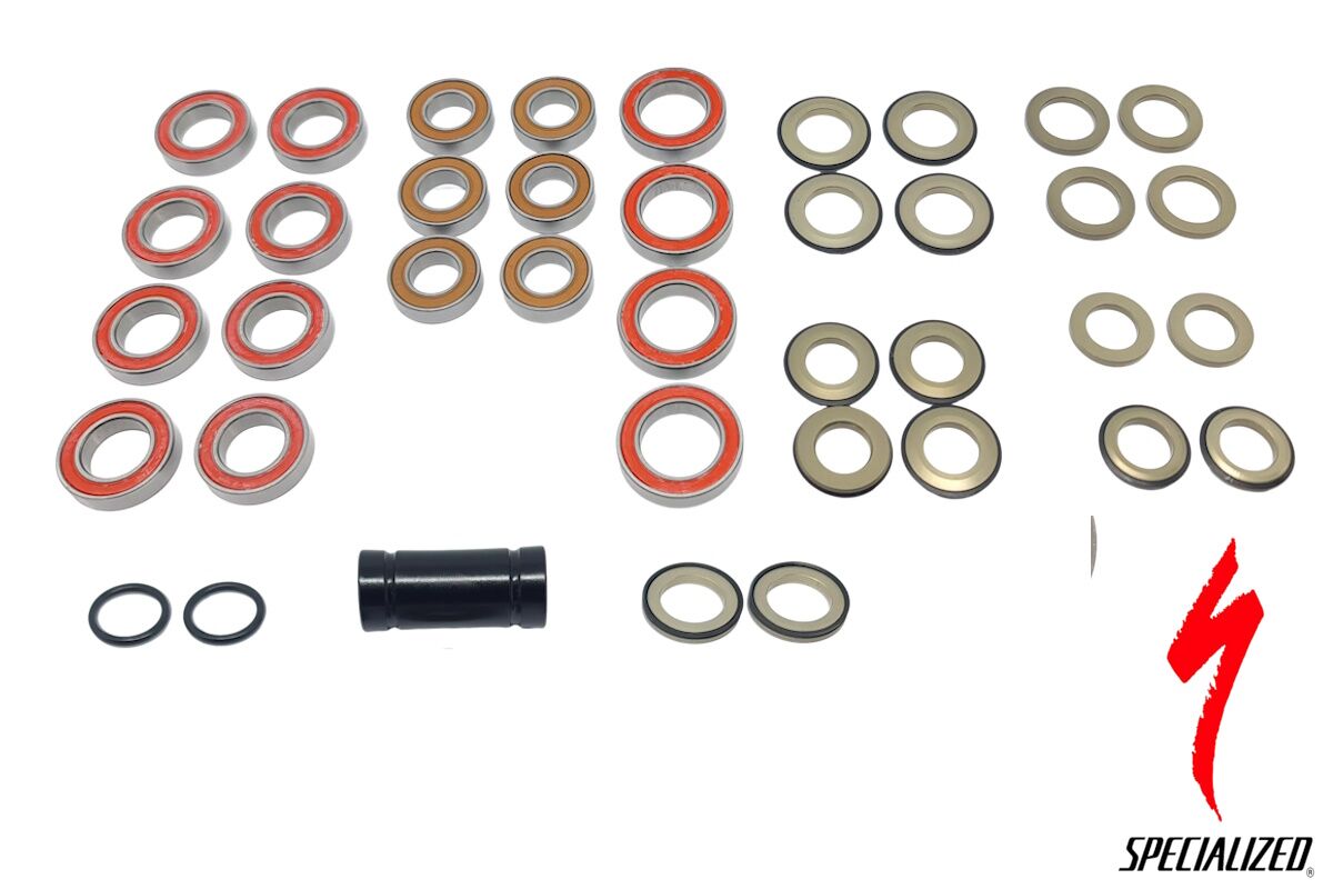 Kit cojinetes pivote suspensión Specialized Levo FSR Gen.1 2016-2018 S160600004, repuesto original con espaciadores y protección antipolvo.
