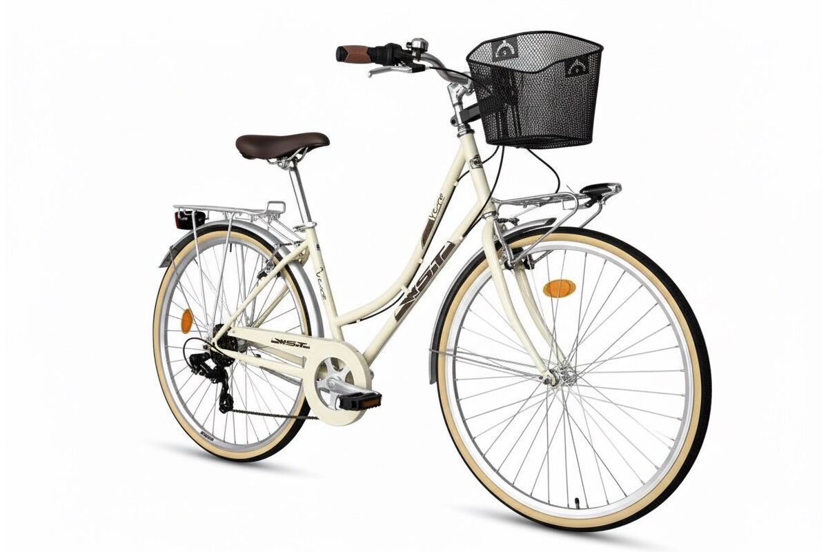 Bici de paseo WST Vera 28″ estilo vintage con 6V, V‑Brake, llantas semi perfil y cesta. Luces, guardabarros y doble transportín incluidos. Confort urbano y mantenimiento sencillo. ¡Descúbrela!