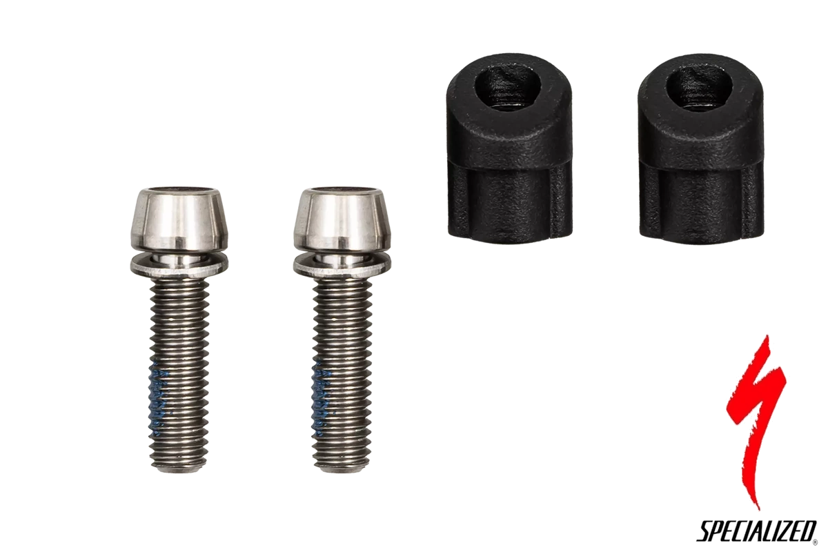 Tornillos de titanio M5 con tuercas de aleación para fijar la potencia del cockpit Roval Rapide. Kit de 2 tornillos + 2 tuercas. Par máx. 5,1 Nm. Repuesto original Specialized S224800004.