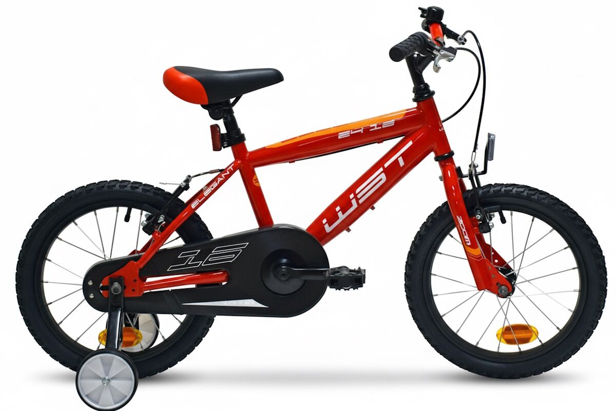 Bici infantil Naranja Fuego WST 16" segura y reparable. Ruedas aluminio, V‑Brake y estabilizadores