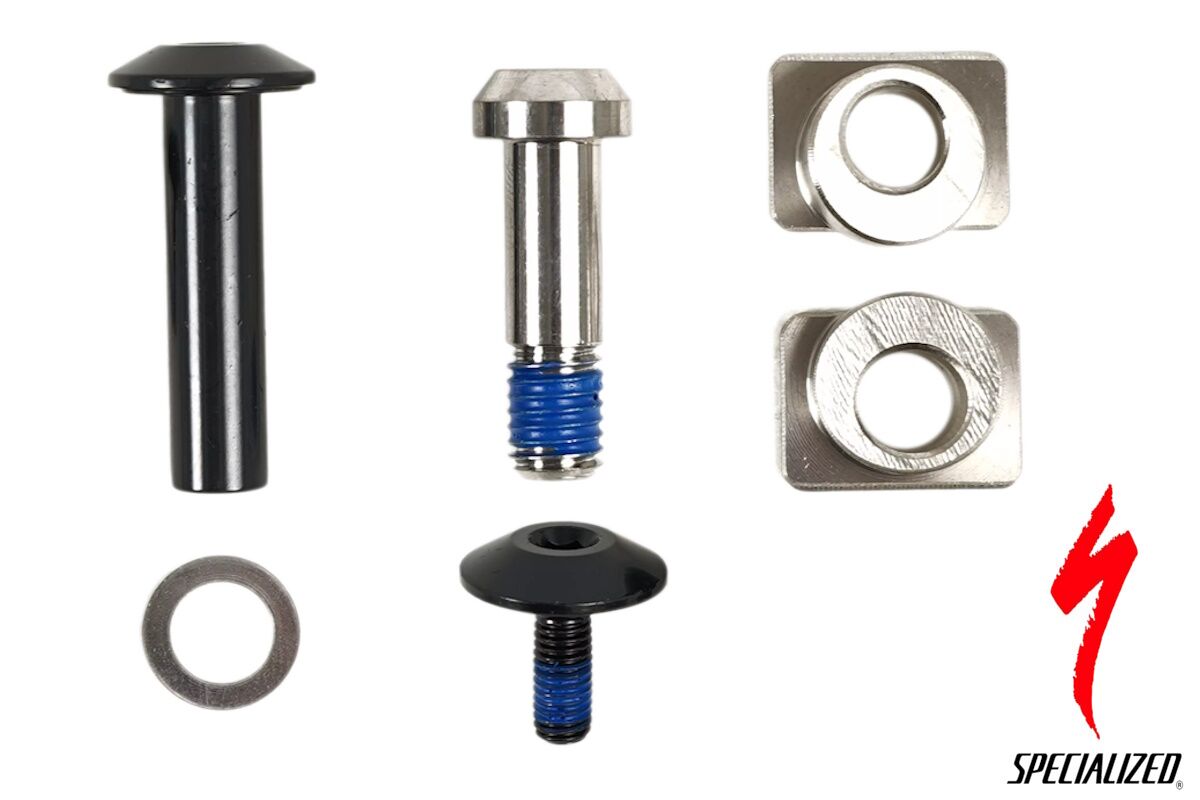 Kit de hardware de montaje de amortiguador trasero Specialized S240500009 para Turbo Levo 4 2025-2026, incluye chip abatible, pernos, eje y lavaojos originales.